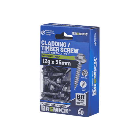 Bremick 12g x 35mm Hex Cladding Screw, Carbon Steel B8 Coating, Sealed Head Type 17 Point - 50 Pack
