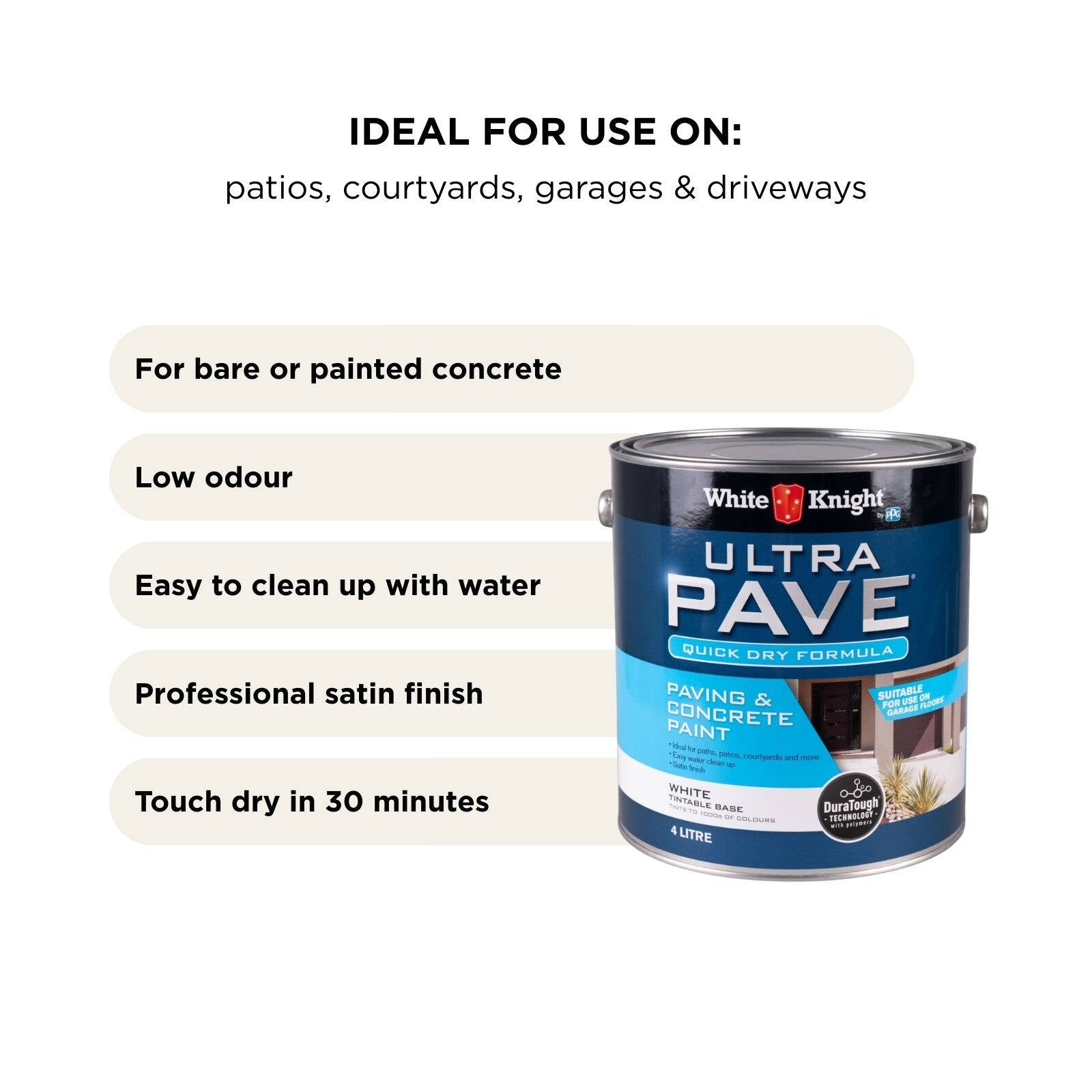 White Knight Ultra Pave 4L White Quick Dry Paving & Concrete Paint - Water Based, Tintable, Recoat 2hrs