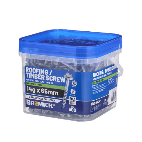 Bremick 14g x 65mm B8 Hex Roofing Screw Type 17 Carbon Steel - Box 500