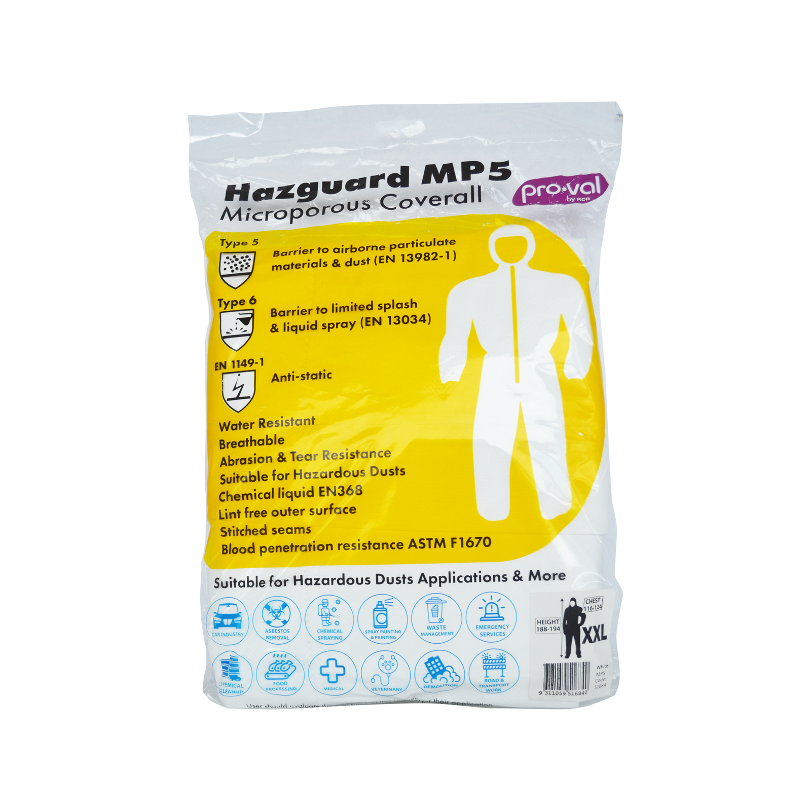 Pro-Val Hazguard MP5 Disposable Liquid Resistant Breathable Coverall Size XXL