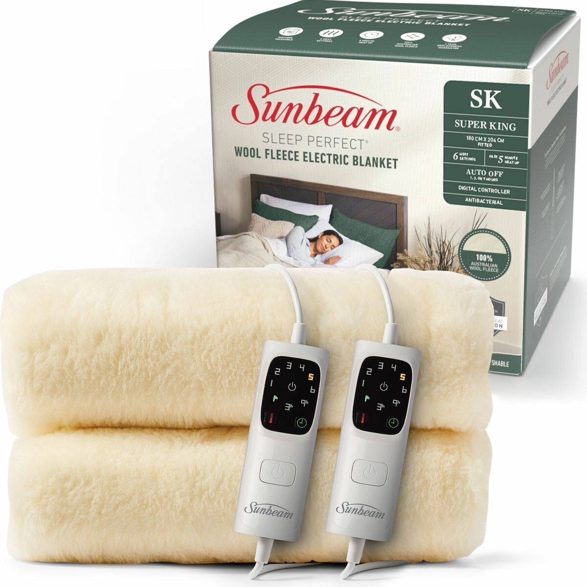 Sunbeam Sleep Perfect Wool Fleece Super King Electric Blanket - Australian Wool, 6 Heat Settings - BLW6681