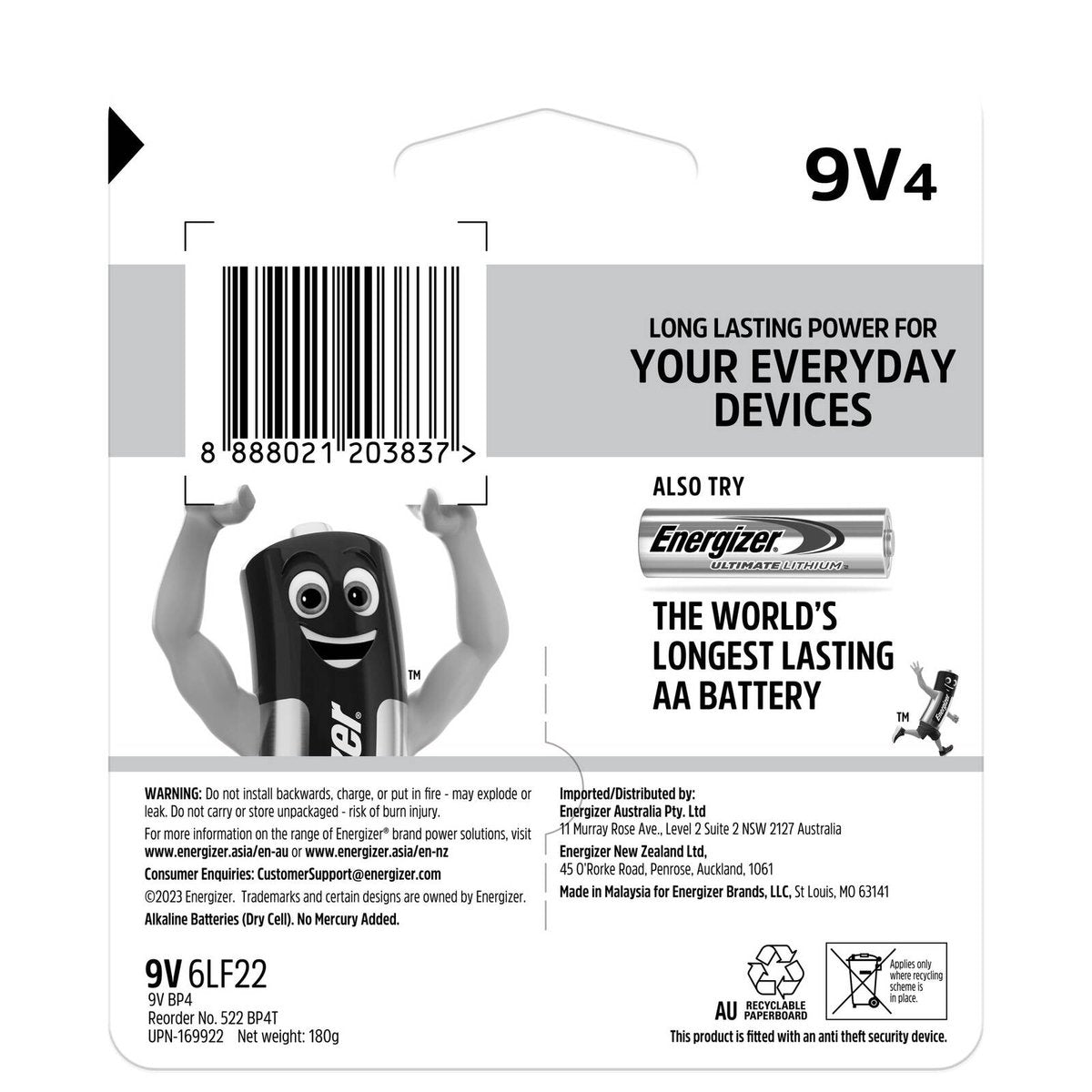 Energizer Max 9V Alkaline Batteries - 4 Pack