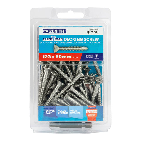 Zenith Large Head Decking Screw T25 12G x 50mm SS304 Stainless, 50 Pack