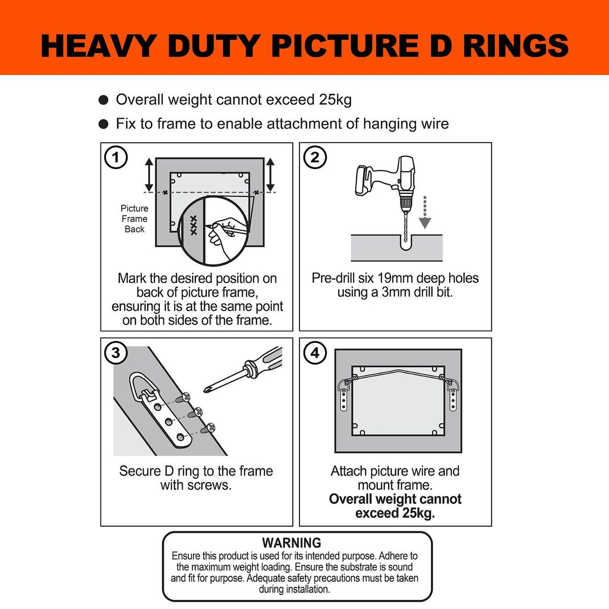 Everhang 25kg Brass Plated Steel Heavy-Duty D-Ring Picture Hangers - 4 Pack