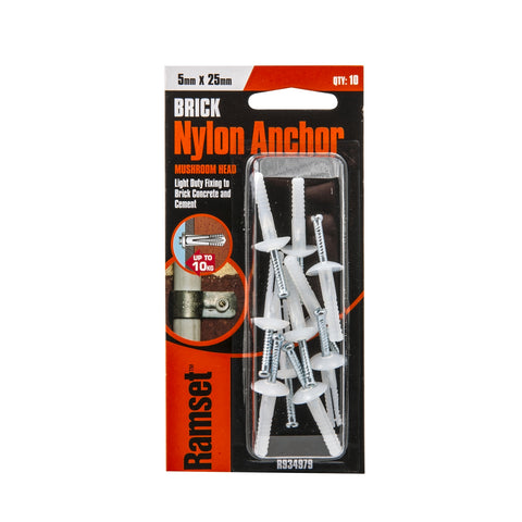 Ramset 5 x 25mm Nylon Masonry Drive Anchor 10 Pack - Mushroom Head, Gold Passivated