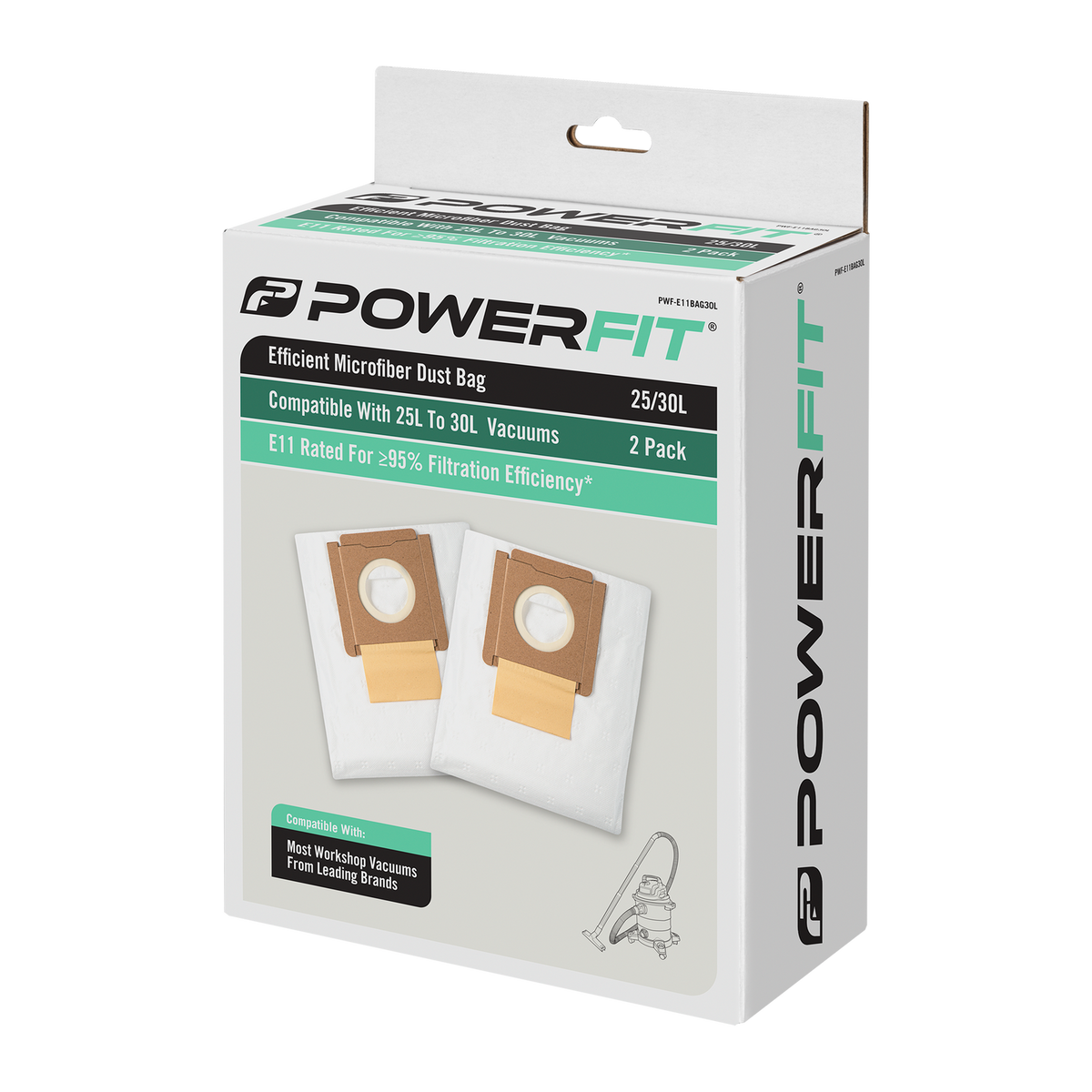PowerFit 30L E11 Micro-Fibre Dust Bag PWF-E11BAG30L, Vacuum Accessory, 2 Pack