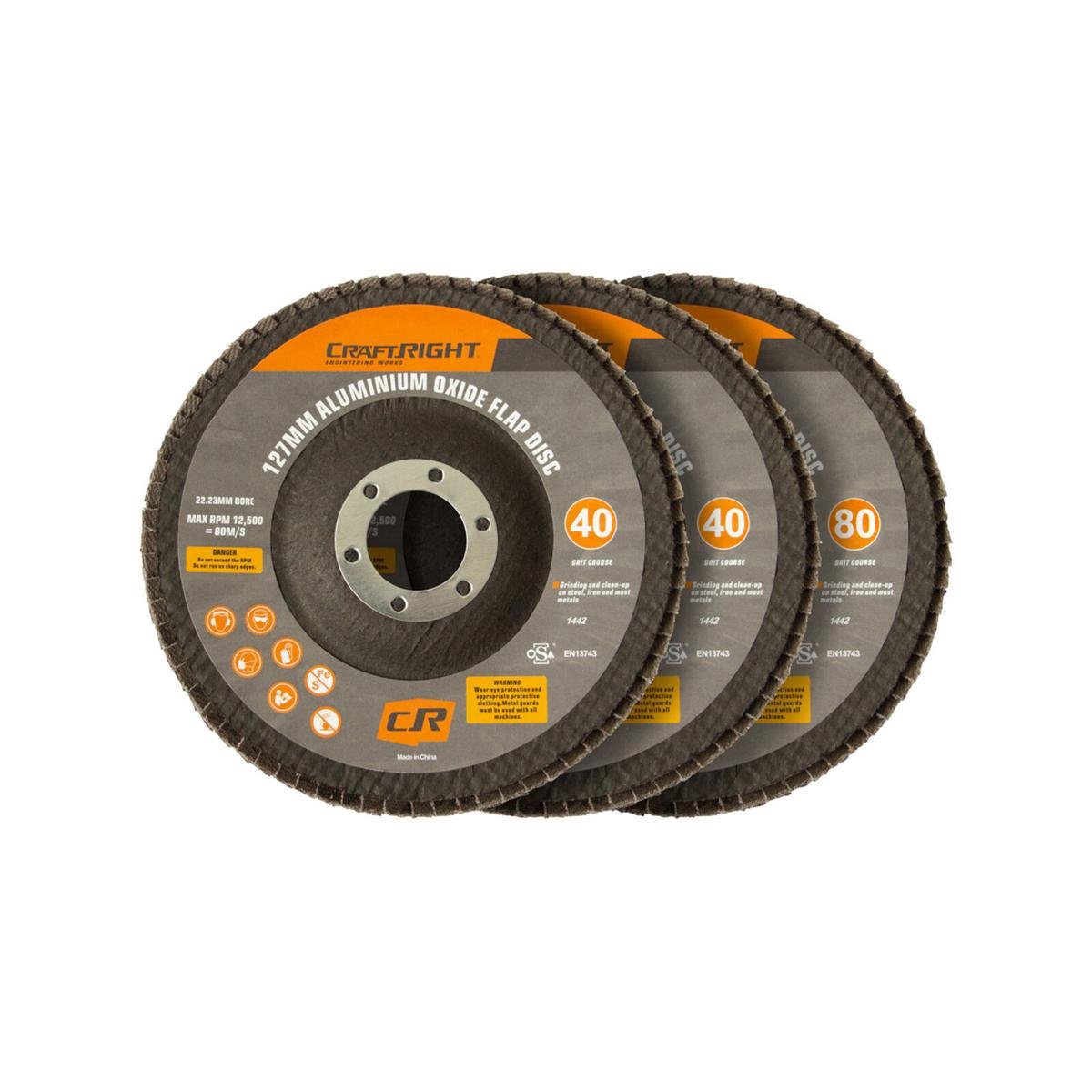 Craftright 127mm Aluminium Oxide Flap Discs 3 Pack - Grit 40 80 - Durable - SuperSaverAU - view 1