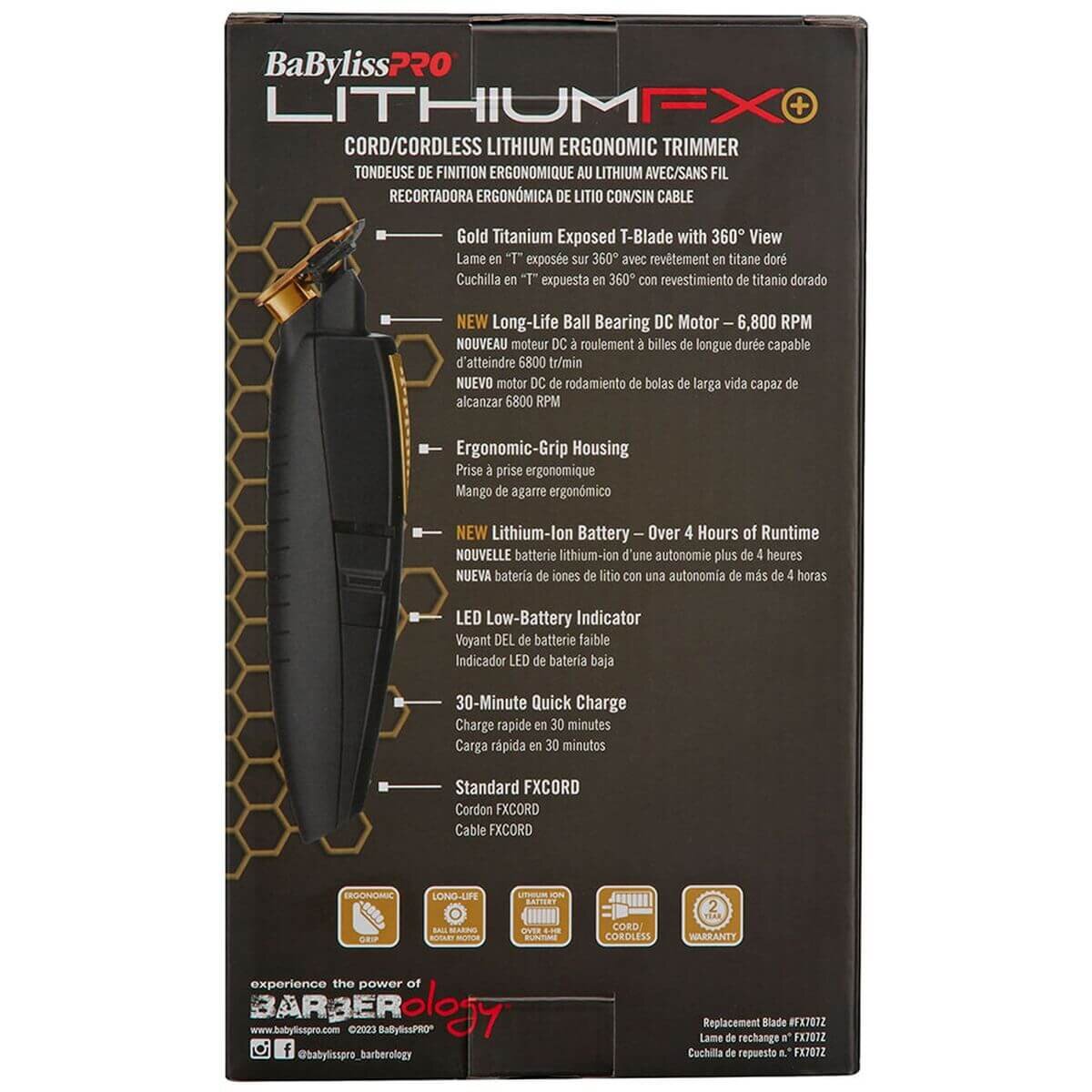 BaBylissPRO Lithium FX Cord/Cordless Trimmer - Black - 6800rpm Motor, Gold Titanium Blade - 900904
