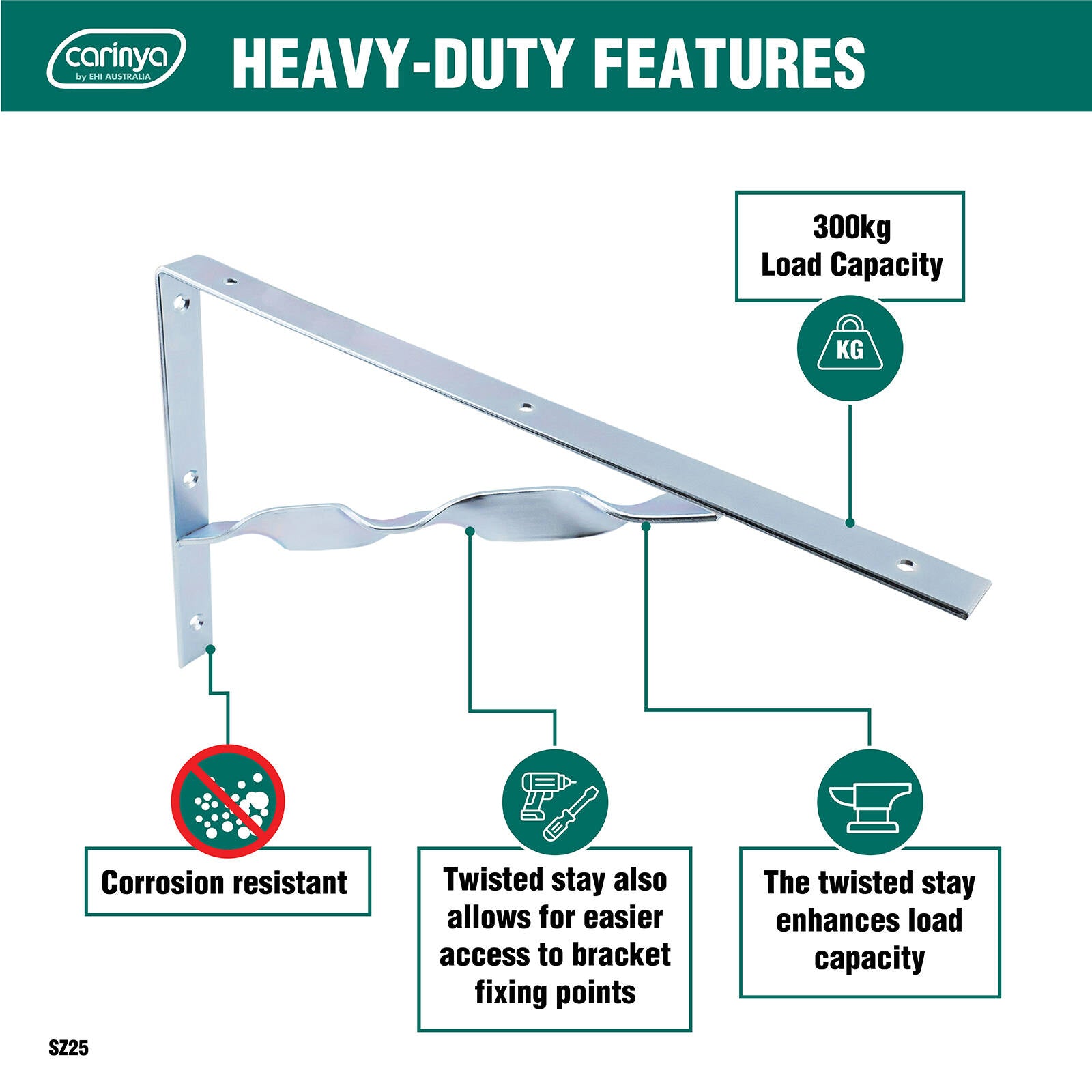 Carinya 400 x 250mm Zinc Plated Heavy Duty Twisted Stay Bracket, 300kg Capacity
