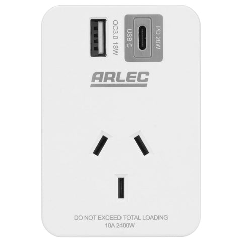 Arlec 2 Port USB-A and USB-C PD20W Rapid Charging Power Adapter White PC191PD18