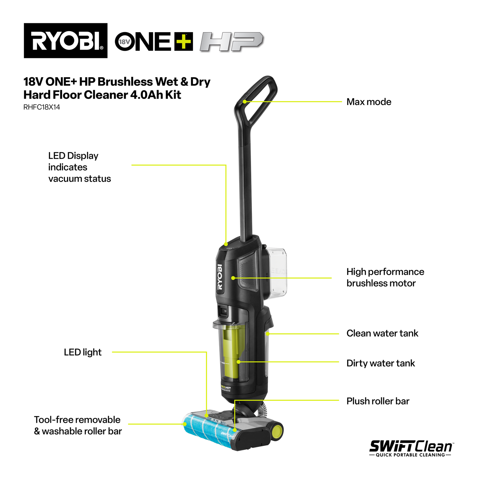 Ryobi 18V ONE+ HP Brushless Wet & Dry Hard Floor Cleaner Kit, Cordless, 4.0Ah, RHFC18X14
