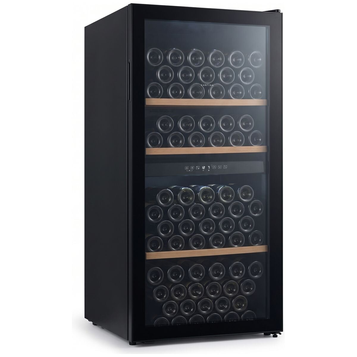 Cantina 127 Bottle Dual Zone Freestanding Wine Cabinet - Black Glass Door - Beech Trim Shelves - CCWID105B