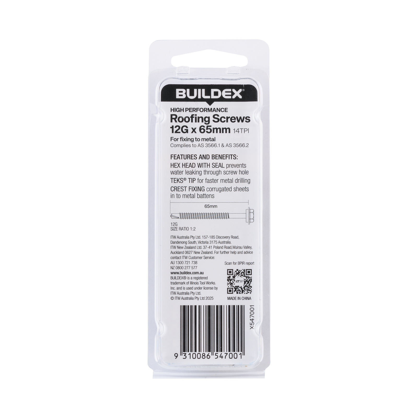 Buildex 12G x 65mm Class 3 Hex Head Roofing TEKS Screws with Seal, 6 Pack