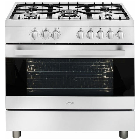 Artusi 90cm dual fuel freestanding oven - Stainless Steel, 5 gas burners, triple glazed door - CAFG90X