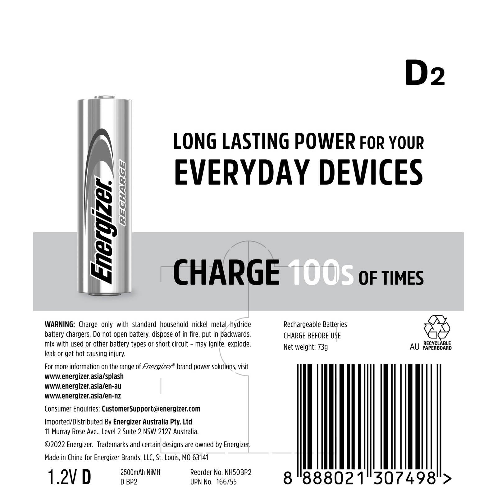 Energizer Recharge D Rechargeable Batteries - 2 Pack