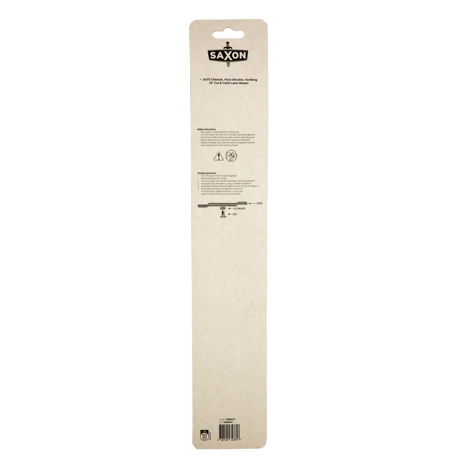 Saxon 16" Mower Blade & Bolt Set, 2 Pack, 2.5mm Thick, Suits 16" Victa Cheetah Ultralite Yardking