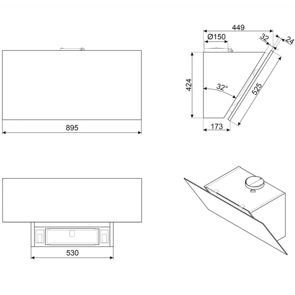 Smeg 90cm Angled Wall Mount Rangehood - Matte Black, 729m³/h, Autovent 2.0, Touch Controls - KV394MB