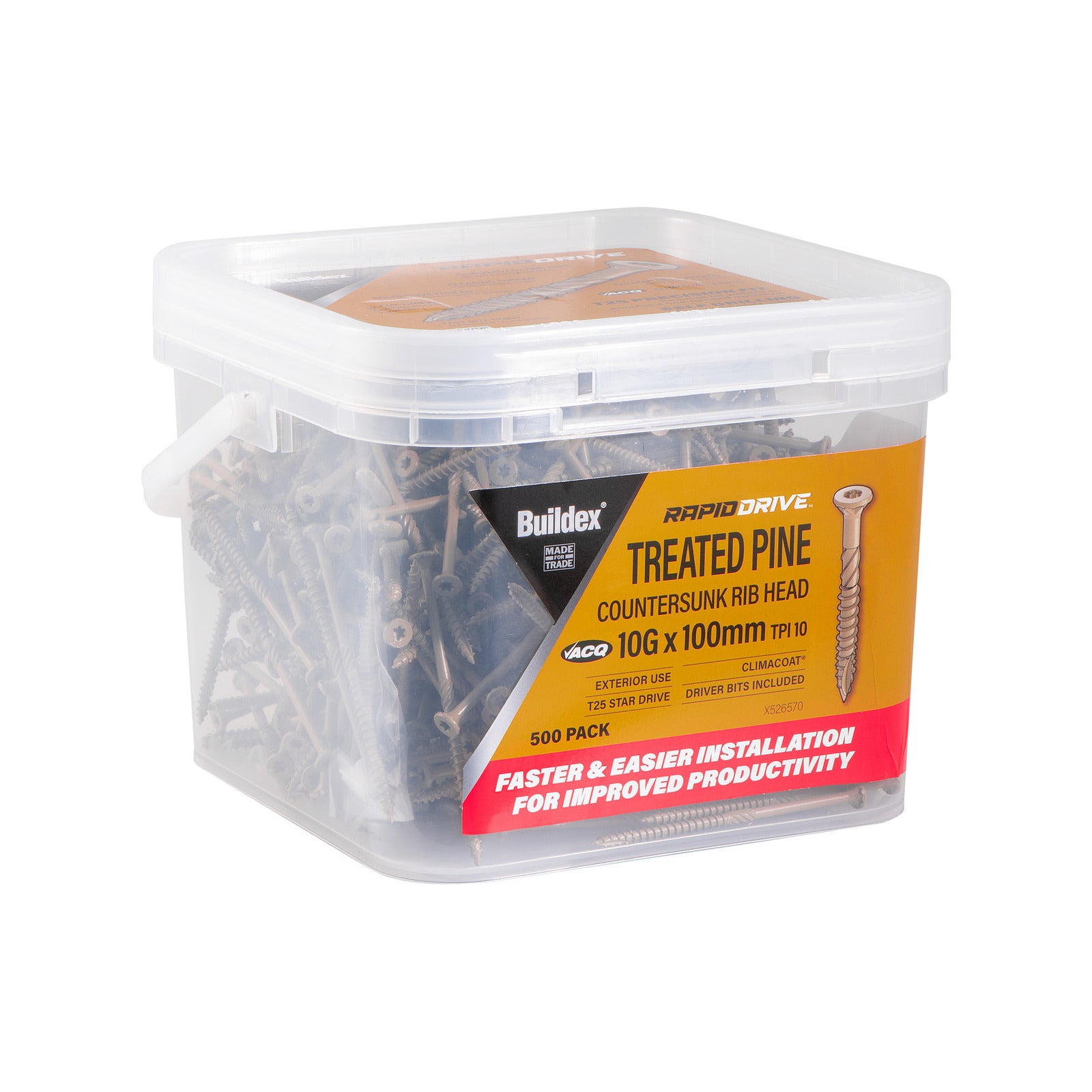 Buildex 10G x 100mm 10 TPI RapidDrive Treated Pine Climacoat Screws 500 Box