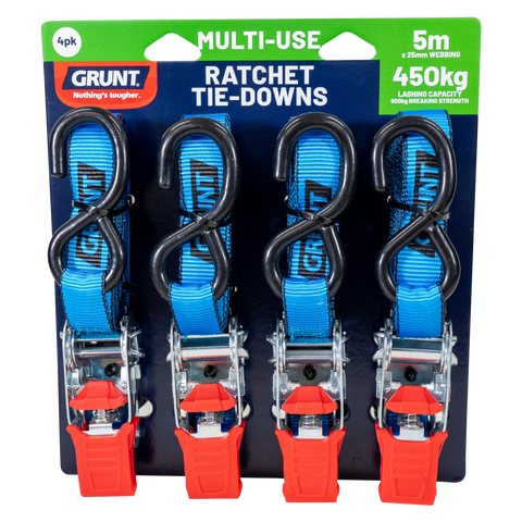 Grunt 25mm x 5m 450kg Ratchet Tie Down - 4 Pack