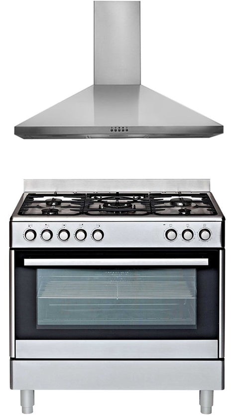 Euromaid 90cm Dual Fuel Freestanding Oven and Canopy Rangehood Pack - 113L Oven, 5 Gas Burners - GEAOL90PK