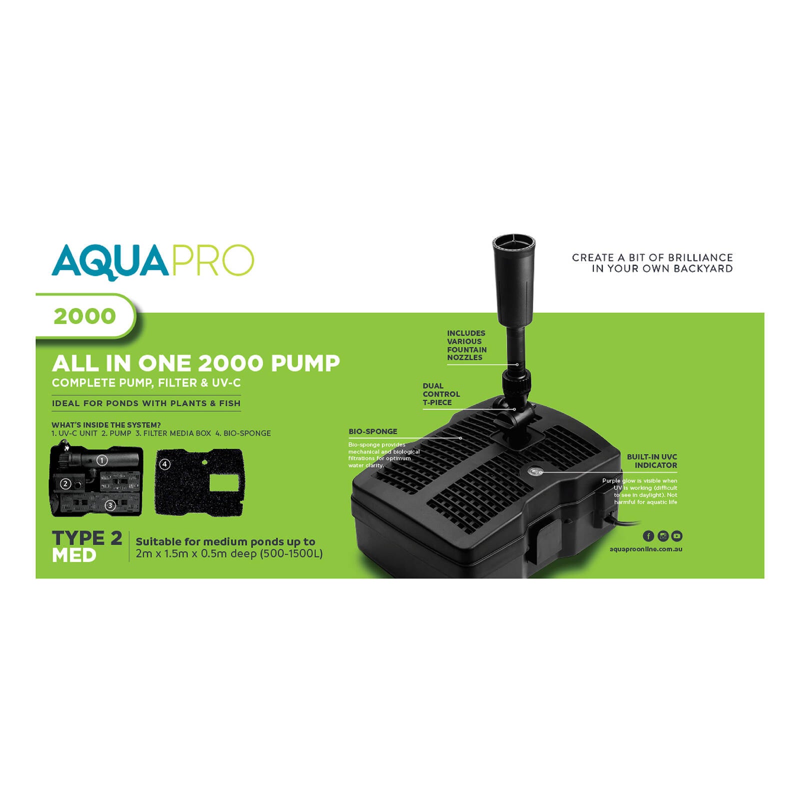 Aquapro 2000 All-In-One Pump & UVC Filter System 72W Submersible, 19mm Tubing