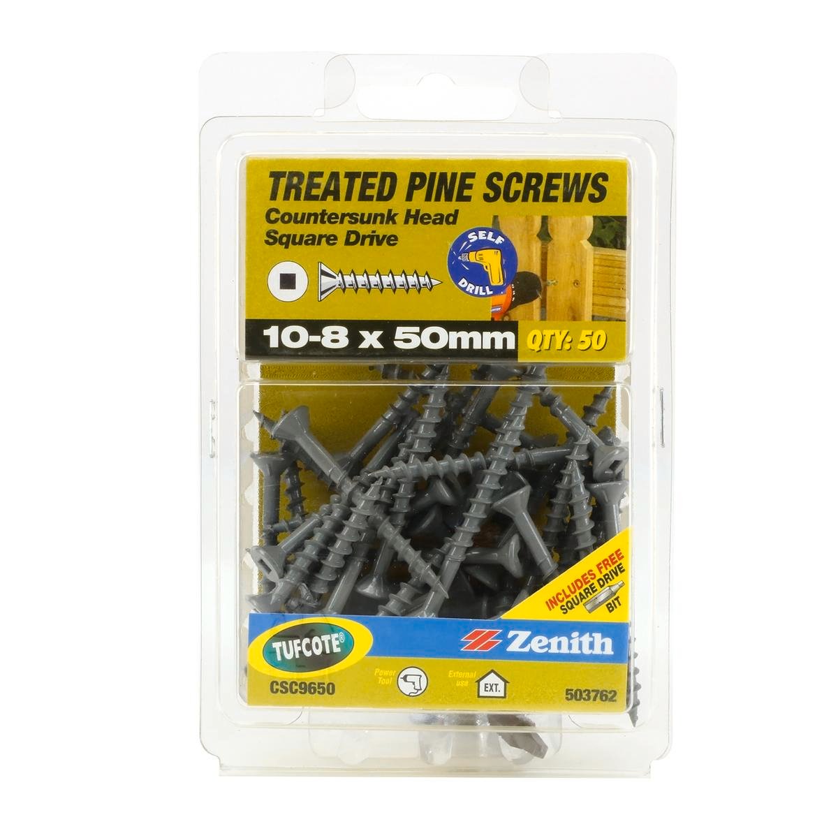 Zenith 10-8 x 50mm Tufcote Countersunk Head Treated Pine Screws 50 Pack