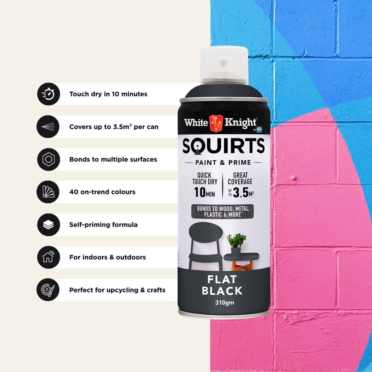 White Knight Squirts Black Flat Spray Paint 310g Solvent Based Durable - SuperSaverAU - view 5