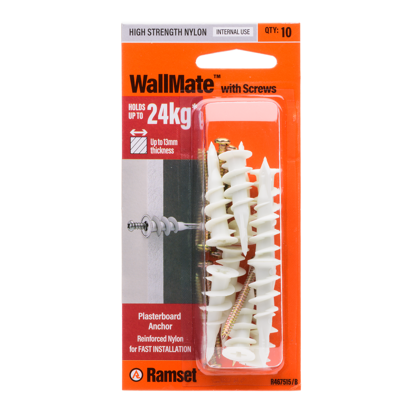 Ramset Nylon WallMate Plasterboard Anchor with Screws - 10 Pack, 24kg Hold