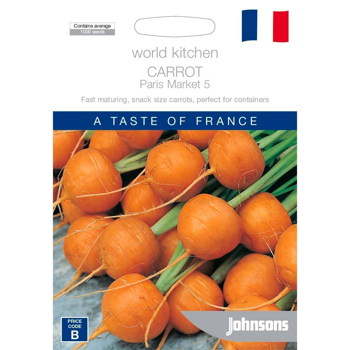 Johnsons World Kitchen Carrot Paris Market 5 Seeds, Round Gourmet Carrot, Sun or Part Shade