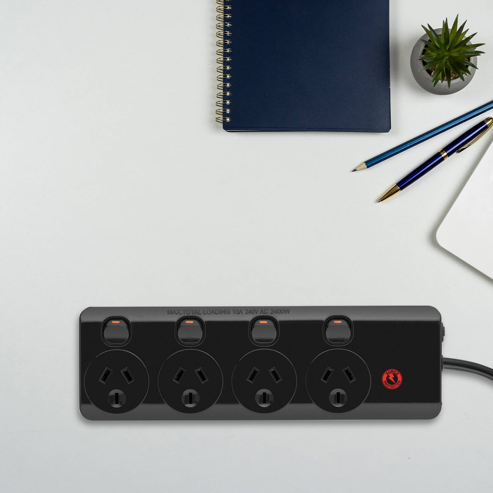 Arlec 4 Outlet Surge Protected Powerboard 350 Joule Black