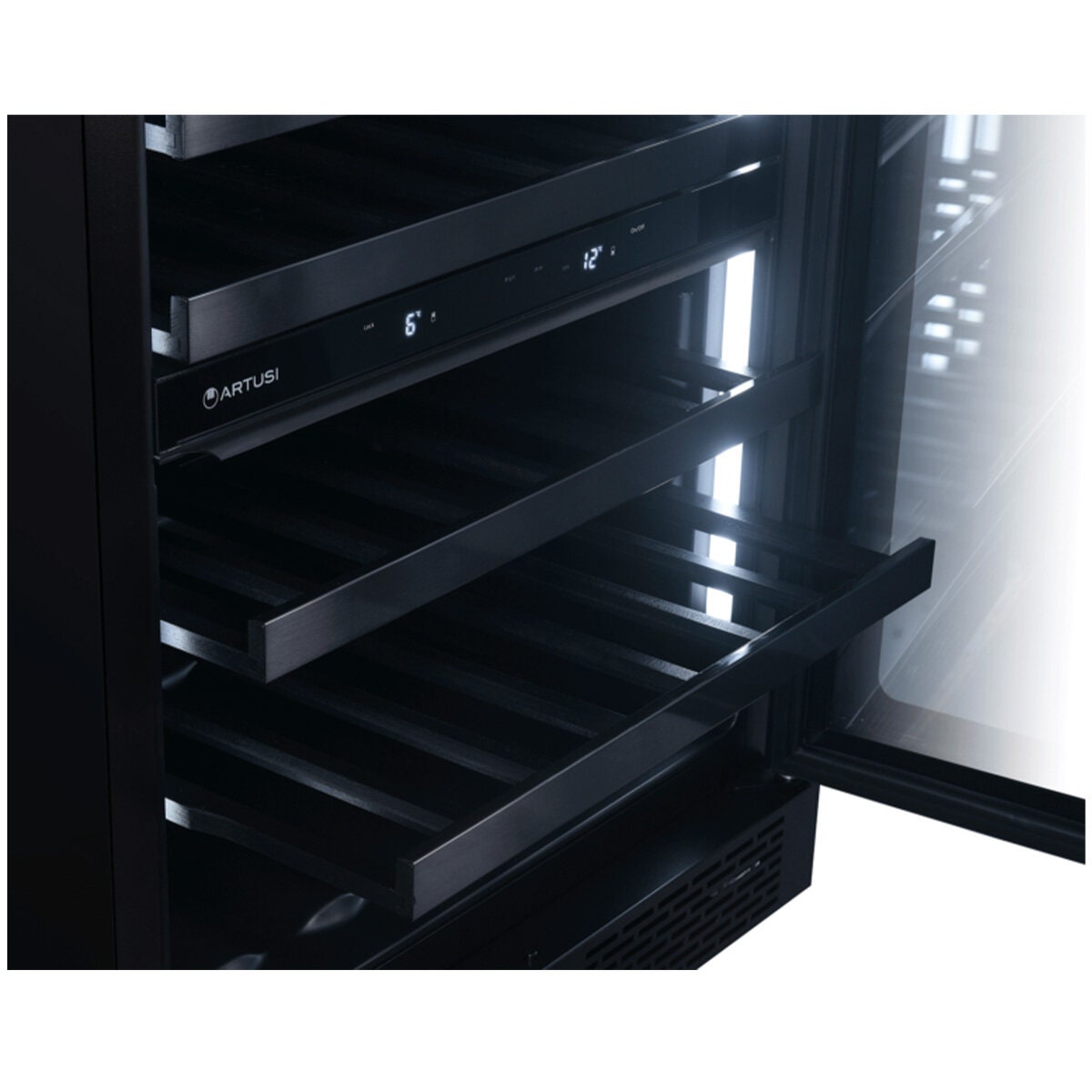 Artusi 37 bottle dual zone wine cellar - matte black, UV protected glass door, reversible hinge - AWC37BV