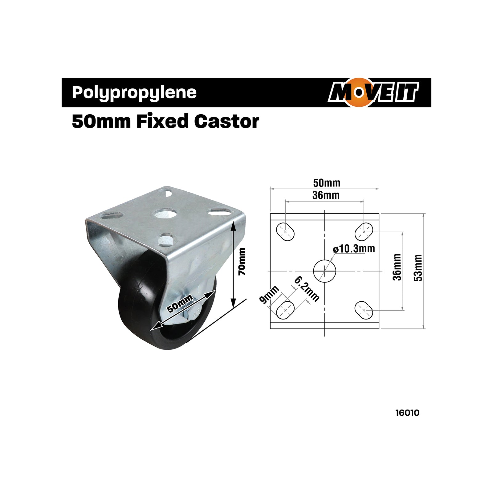 Move It 50mm Steel Frame Fixed Castor Black 40kg Load