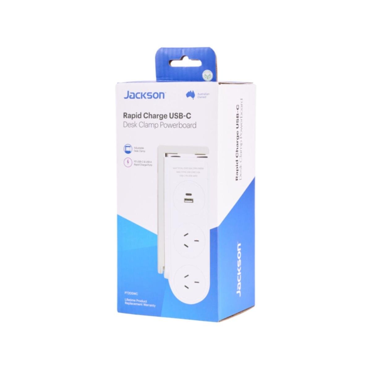 Jackson Rapid Charge USB-C Desk Clamp Powerboard, 2 Outlets, 1.5m Lead PT20SWC