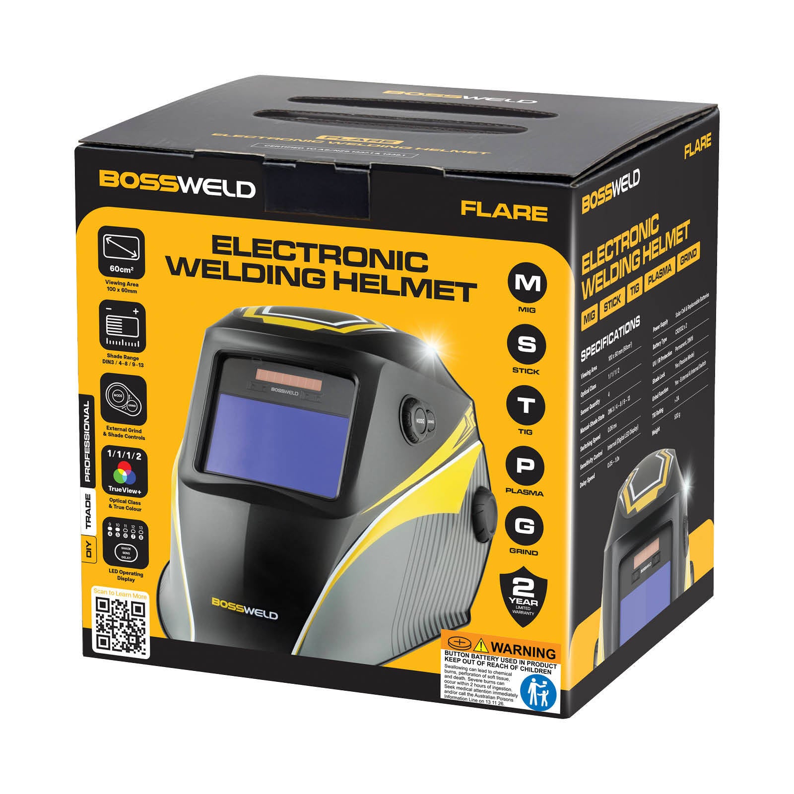 Bossweld VX-3 Flare Auto Darkening Welding Helmet, Variable Shade 4-8/9-13, 100 x 60mm Lens