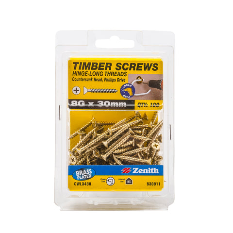 Zenith 8G x 30mm Brass Plated Countersunk Timber Screws - Hinge-Long Thread, 100 Pack