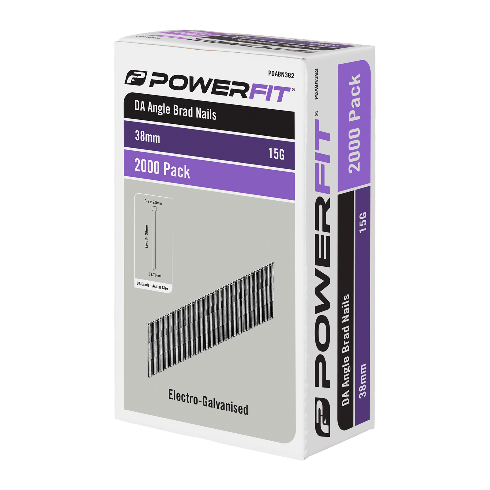 PowerFit 38mm DA Angled Brad Nails 15 Gauge Electro-Galvanised - 2000 Pack
