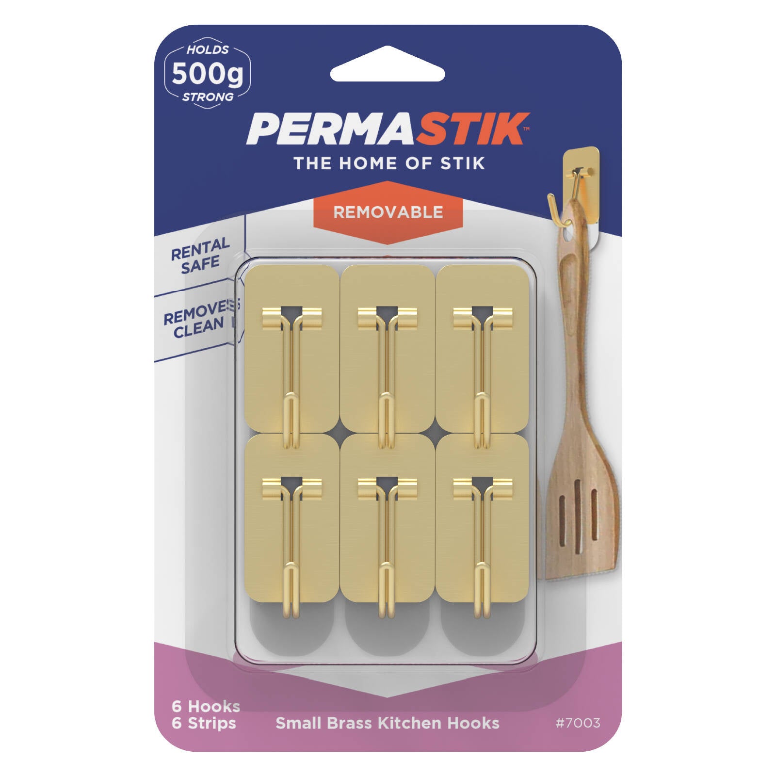 Permastik Small Brass Kitchen Hooks 6 Pack - Brushed Brass Stainless Steel, Holds 500g