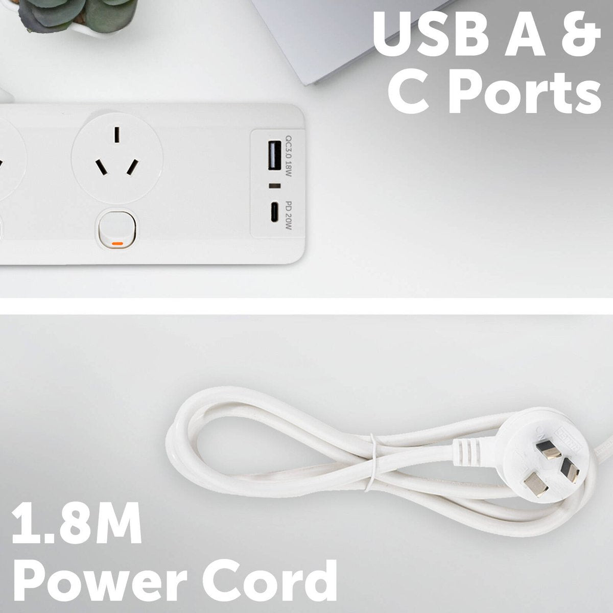 Arlec 6 Outlet Surge Protected Powerboard 1.8m - White - PD20W USB Charging - SuperSaverAU - view 2