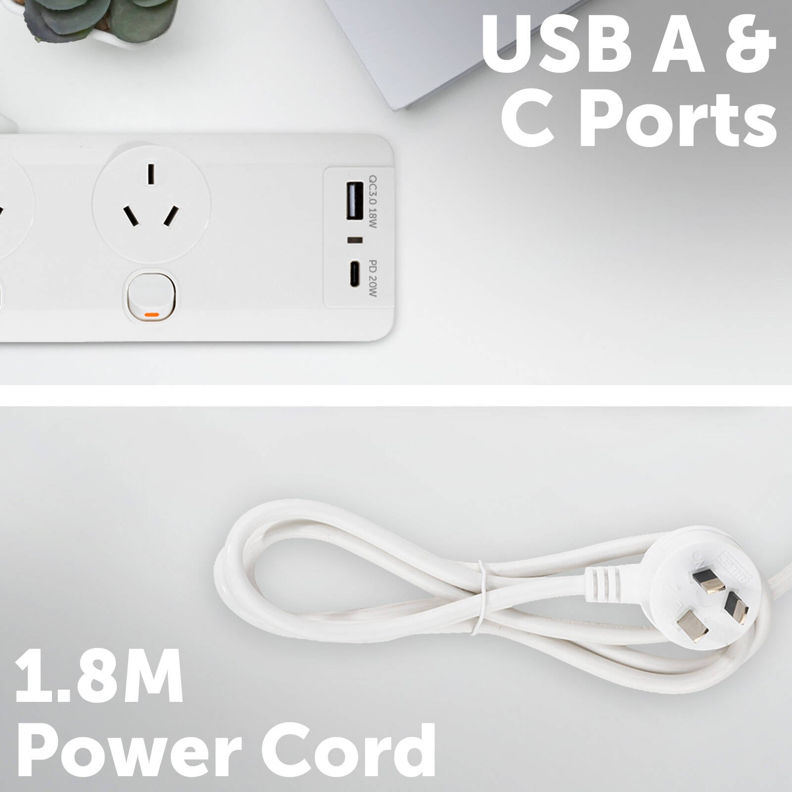 Arlec 6 Outlet Surge Protected Powerboard with PD20W USB Charging 1.8m White PB66UAC