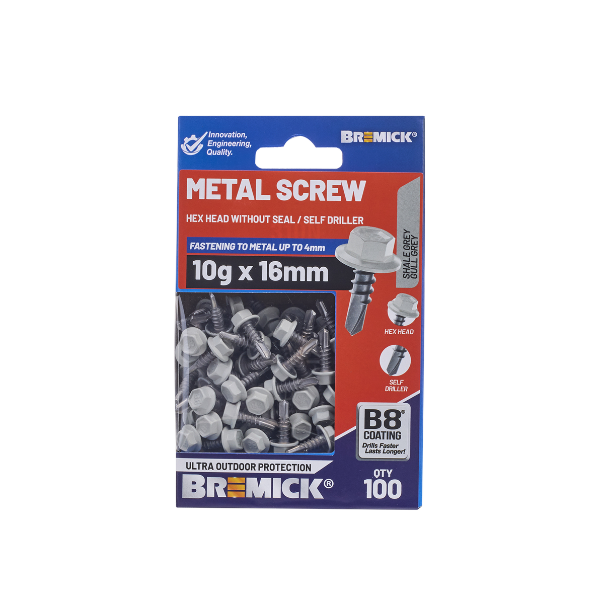Bremick 10g x 16mm Carbon Steel Hex Metal Screws B8 Shale Grey - 100 Pack