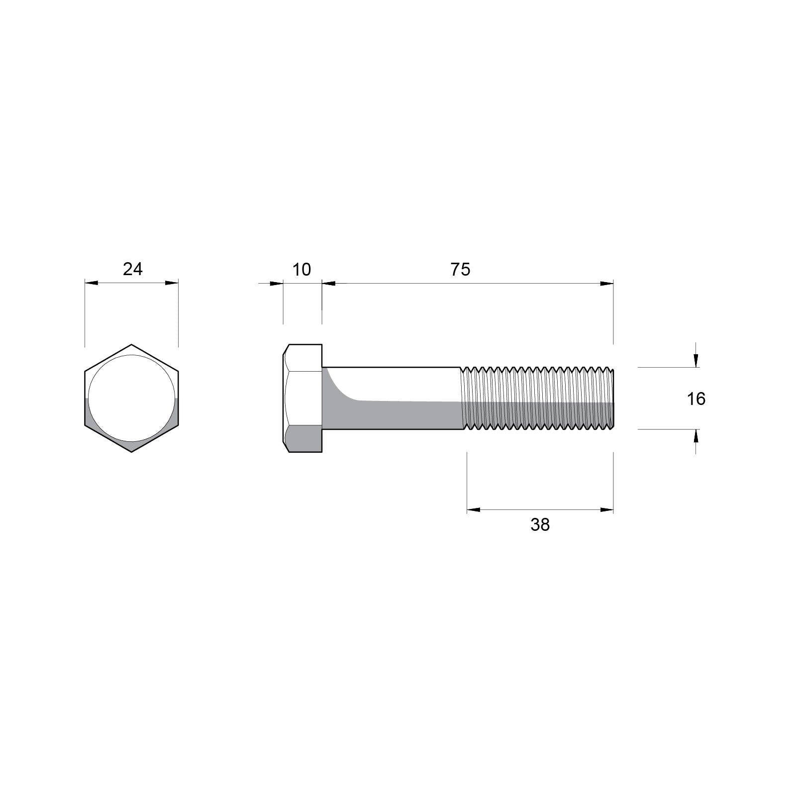 Zenith M16 x 75mm Hot Dip Galvanised Hex Head Bolt and Nut - 4.6 Grade Steel