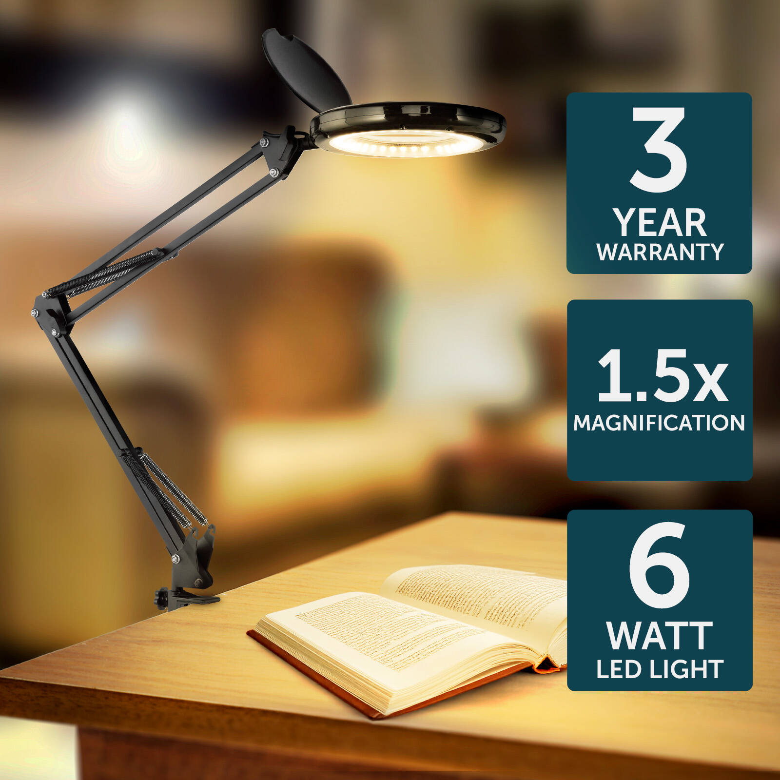 Brilliant Lighting 78cm Black Spy Adjustable Magnifying LED Clamp Lamp 6W