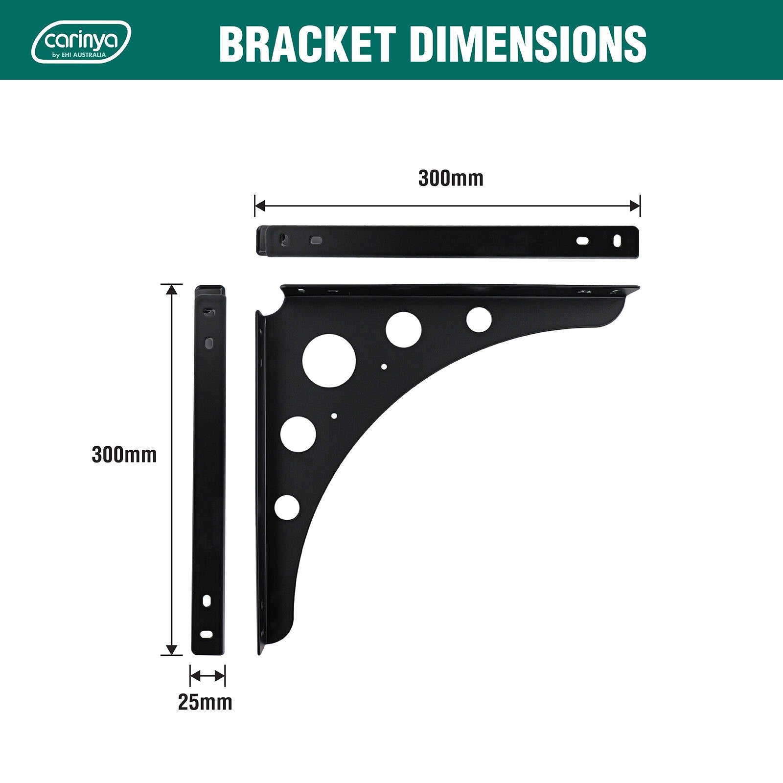 Carinya 300 x 300mm Black Euro Bracket - Powder Coated Steel, 100kg