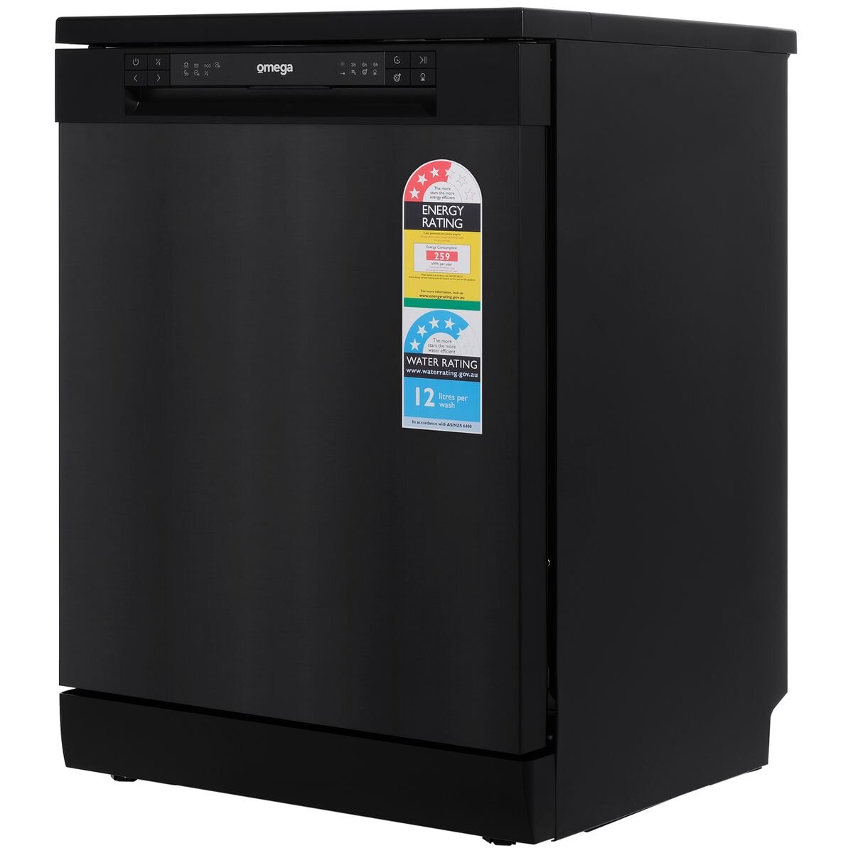 Omega 60cm 14 Place Freestanding Dishwasher - Black Stainless Steel - Delay Start - Half Load - ODWF6014BX