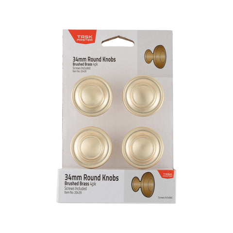 Taskmaster 34mm Brushed Brass Round Cabinet Knobs - 4 Pack, with Screws