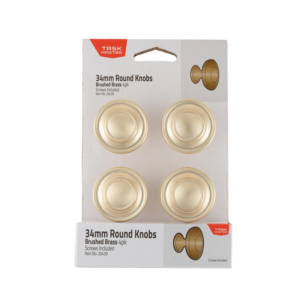Taskmaster 34mm Brushed Brass Round Cabinet Knobs - 4 Pack, with Screws
