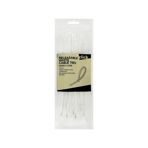Click 200mm White Releasable Nylon Cable Tie UV Resistant 25 Pack CTR200W