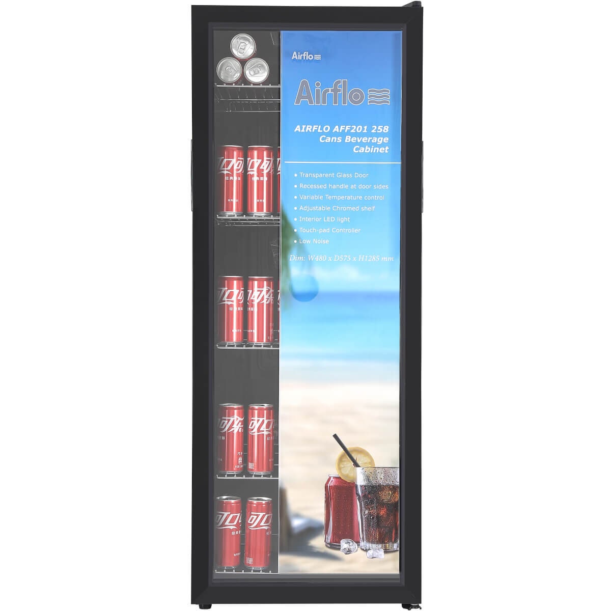 Airflo 201L single glass door beverage fridge - black, electronic control, reversible door - AFF201