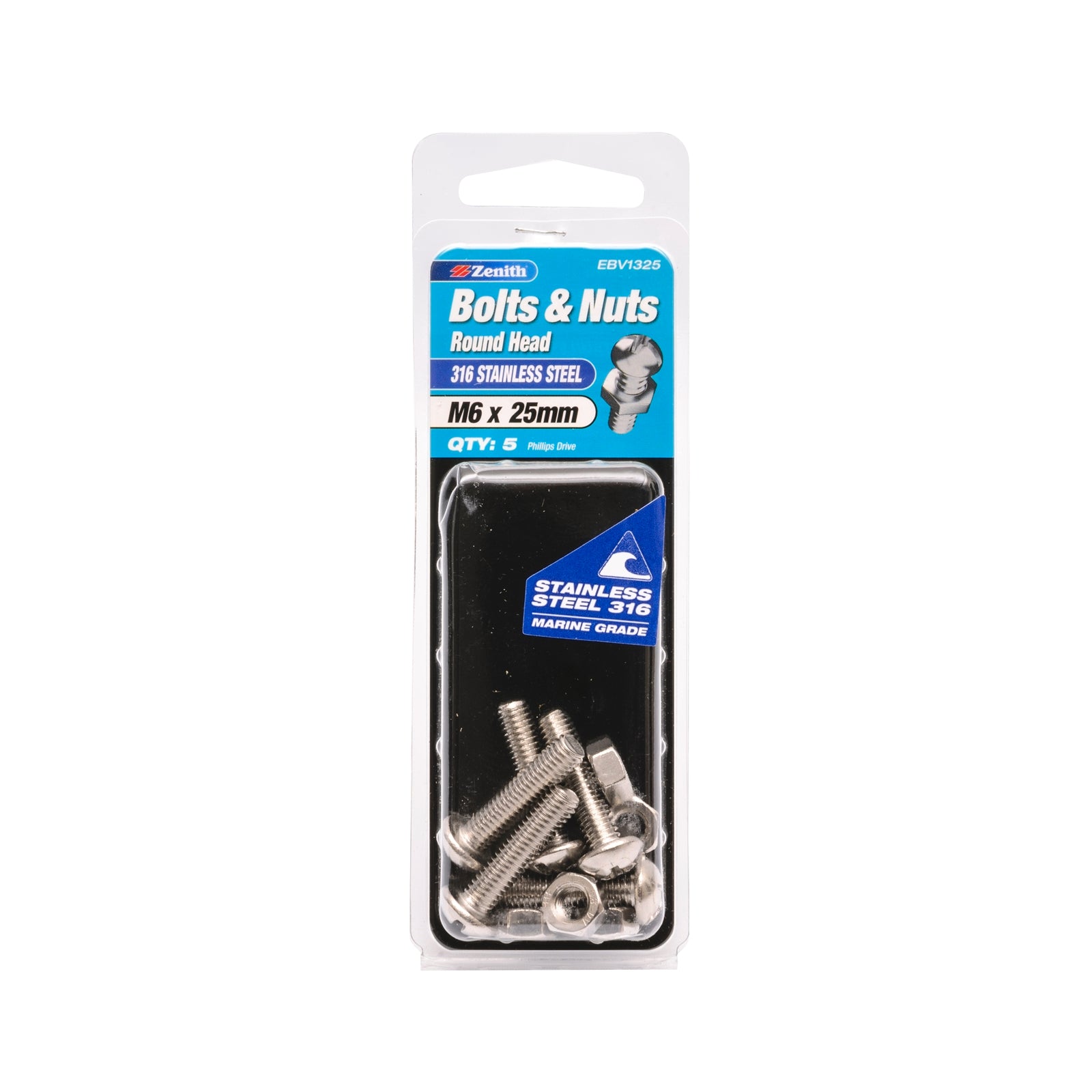Zenith M6 x 25mm 316 Stainless Steel Round Head Bolt and Nut 5 Pack