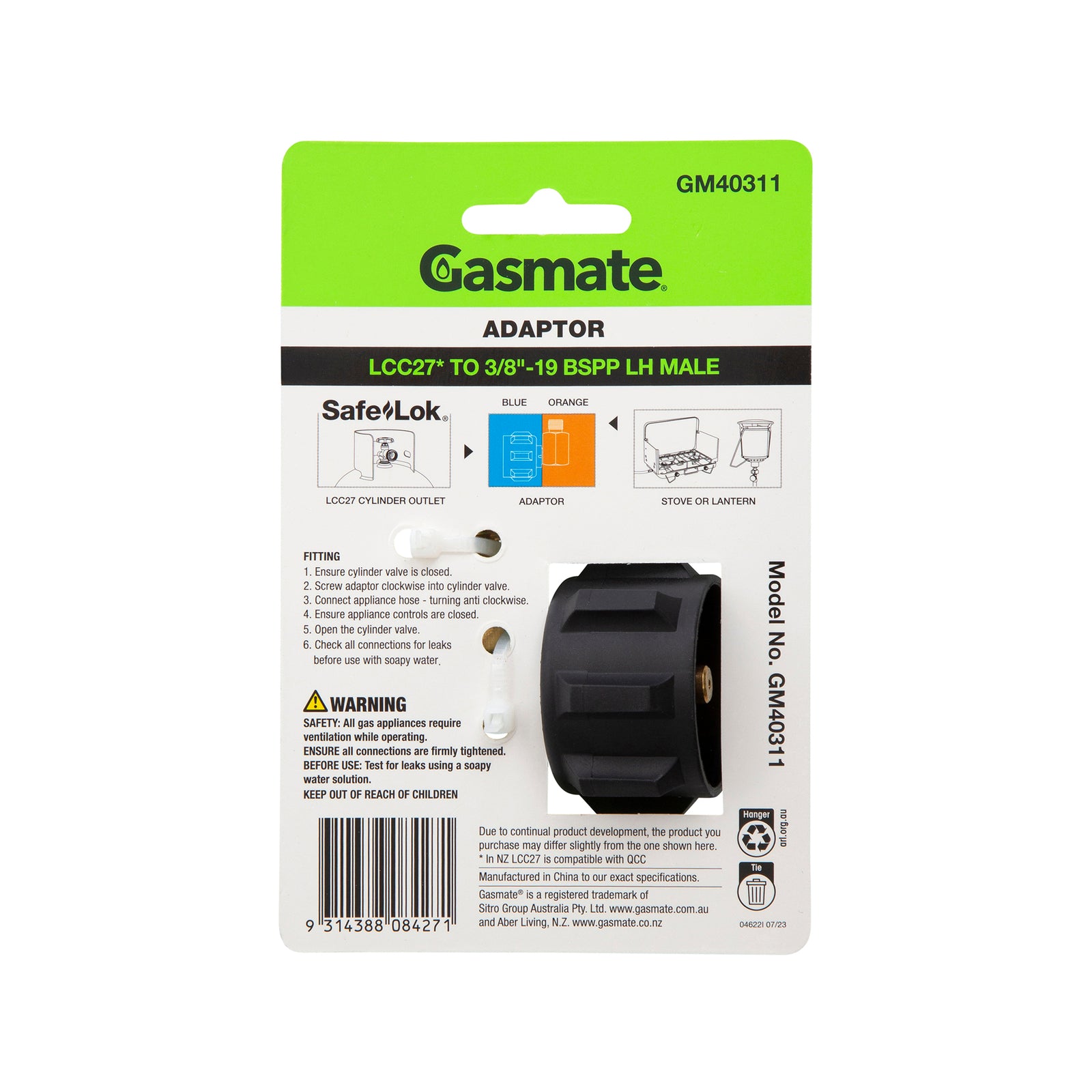 Gasmate Adaptor 3/8" BSPP LH to LCC27 Brass 90-Degree Gas Fitting
